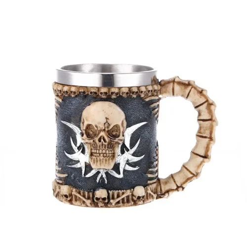 3D skull design beer mug with stainless steel liner for gothic home decor