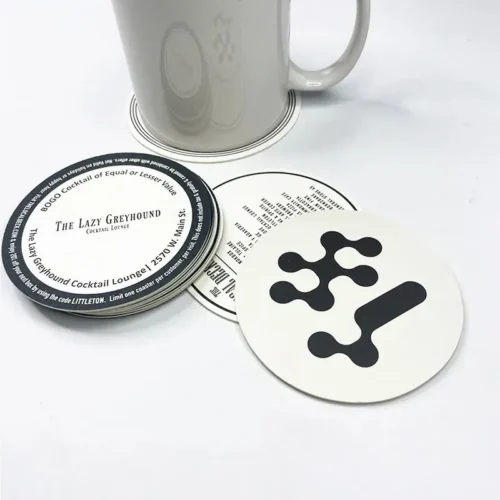High-quality custom FSC certified paper coasters with embossed and UV printed design