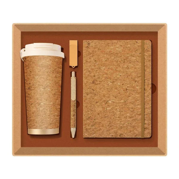 Premium sustainable corporate gift set including coffee cup and biodegradable notebook