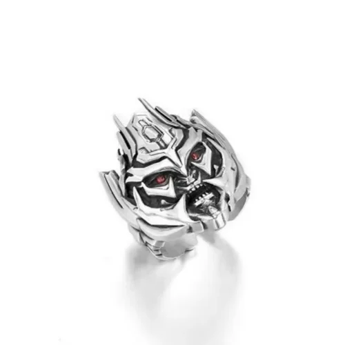 Retro Thai silver adjustable statement ring with Megatron inspired mech design