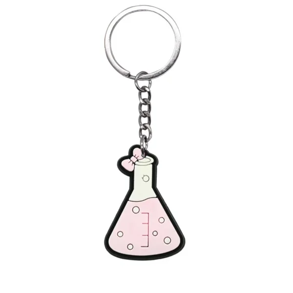 Science lab reagent bottle keychain used as a cute school bag decoration