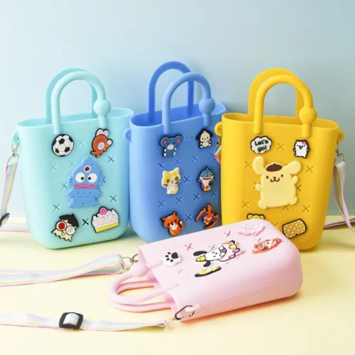 Cute square silicone coin purse with DIY holes for kids, perfect as a small crossbody bag